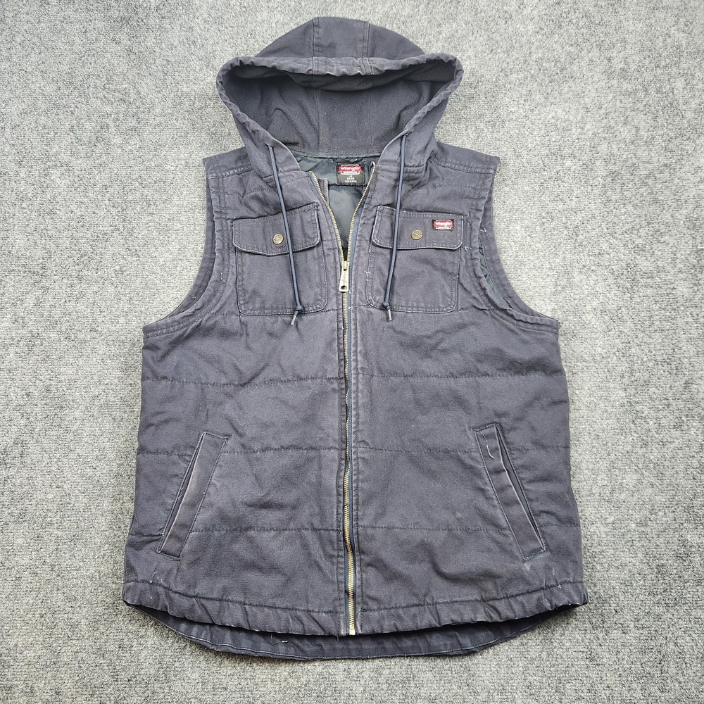Wrangler‎ Workwear Vest Mens Large Black Hooded Quilted Canvas Insulated Pockets